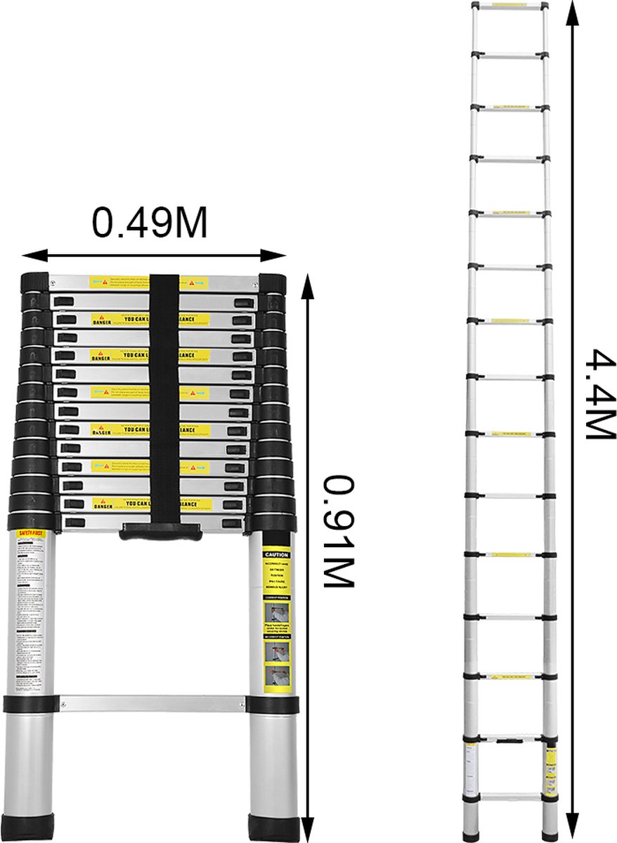 Telescopische Vouwladder - Telescopische Ladders - Soft Close - Werkhoogte 4,4 m - zilverachtig – foto 2