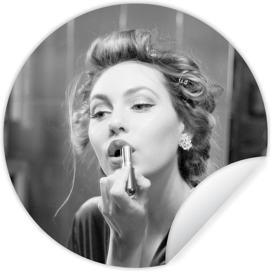 Cercle mural - Stickers muraux - Cercle de papier peint - Femme - Maquillage - Vintage - Portrait - Zwart et blanc - Ø 140 cm - Cercle mural - Autocollant - Sticker mural rond
