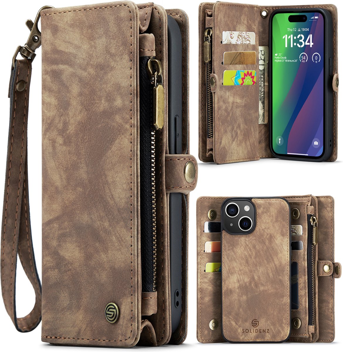 Geschikt Voor iPhone 14 Hoesje - Solidenz Wallet Case - Telefoonhoesje - Case Met Pasjeshouder - Met Ritsvak - Met Polskoord - Portemonee Hoes - Bruin