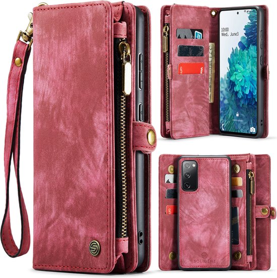 Foto: Geschikt voor samsung galaxy s20 fe hoesje solidenz wallet case s20 fe telefoonhoesje s20 fe s20 fe case met pasjeshouder met ritsvak met polskoord portemonee hoes rood