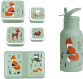 A Little lovely company Back to school set - Drinkfles / 4 Snackdozen / Lunchbox - Bosvriendjes - Saliegroen