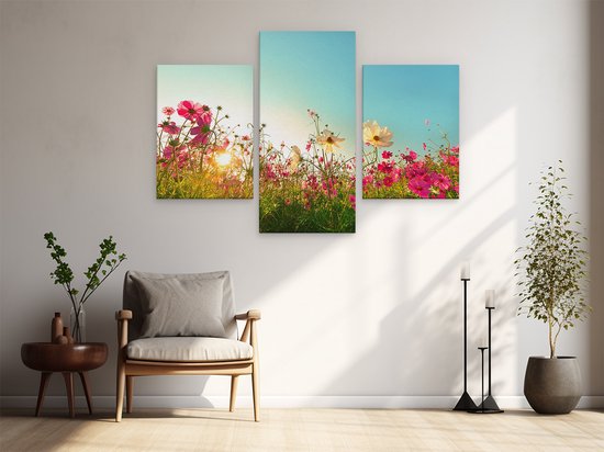 Artaza Peinture sur toile triptyque Kosmos Champ de fleurs avec un soleil levant – 180 x 120 – Groot – Photo sur toile – Impression sur toile