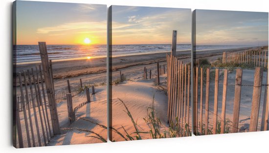 Artaza Canvas Schilderij Drieluik Strand en Zee vanuit Duinen met Zonsondergang - 180x80 - Groot - Foto Op Canvas - Canvas Print