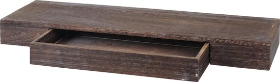 Bruine, landelijke wandplank van hout met open lade.