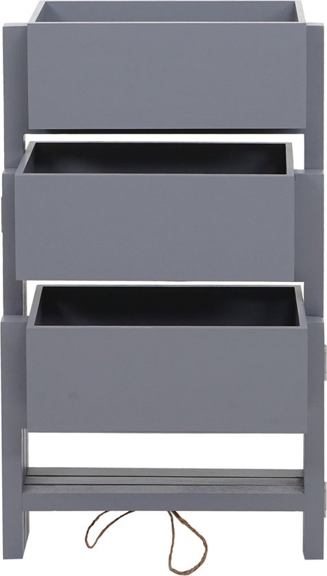 Grijze plantenbak in 3 lagen, staand, met horizontale planken en open vakken.