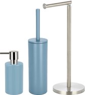 Spirella Badkamer accessoires set - WC-borstel/zeeppompje/rollenhouder - metaal/porselein - lichtblauw - Luxe uitstraling