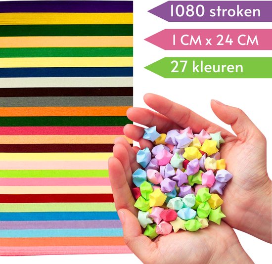 Papierstroken in 27 kleuren - 1080 stuks - Papier voor vouwen van gelukssterren - 1CMx24CM - Lucky Stars/Muizentrappetjes - Winkrs