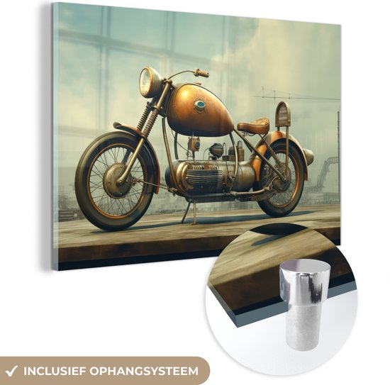MuchoWow® Glasschilderij 150x100 cm - Schilderij glas - Motor - Bike - Bruin - Vintage - Foto op acrylglas - Schilderijen