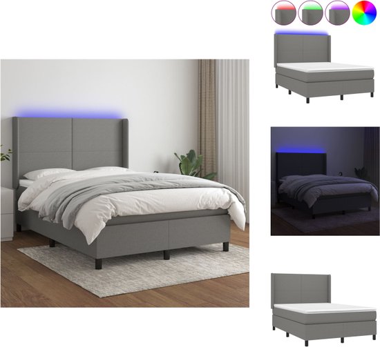 vidaXL Bed LED Boxspring - 140x200 cm - Donkergrijs - Pocketvering en schuim - Met verstelbaar hoofdbord - Met kleurrijke LED-verlichting - Inclusief matras en topmatras - Huidvriendelijke stoffen hoes - Montagehandleiding meegeleverd - Bed