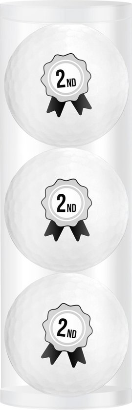 Golfpresentjes-Golfbal-2e prijs- 3 golfballen in koker met bedrukking 2e prijs -golfcadeau-golfprijs-golfgadger
