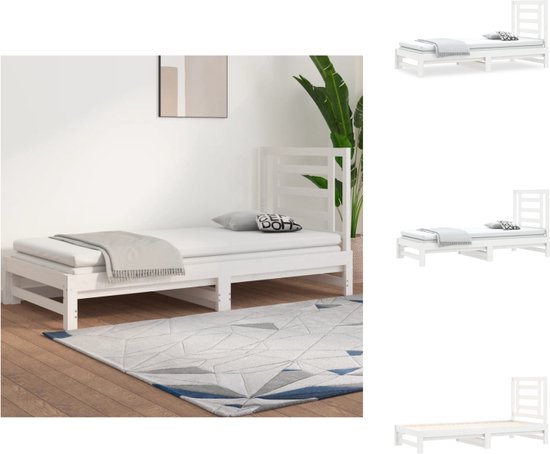 vidaXL Slaapbank Massief Grenenhout - Uitschuifbaar - Wit - 195.5 x 182 x 30 cm - Comfortabele ondersteuning - Bed