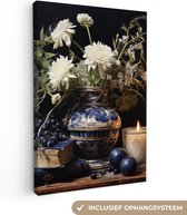 Canvas schilderij 20x30 cm - Stilleven canvas - Kamer decoratie accessoires - Schilderijen woonkamer - Wanddecoratie slaapkamer - Muurdecoratie keuken - Wanddoek interieur binnen - Woondecoratie huis - Delfst blauw vaas met bloemen