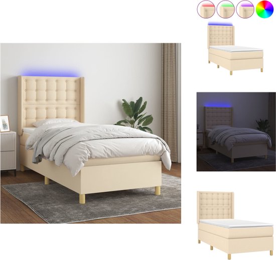 vidaXL Boxspring - LED - 203 x 103 x 118/128 cm - Crème - Pocketvering matras - Bed
