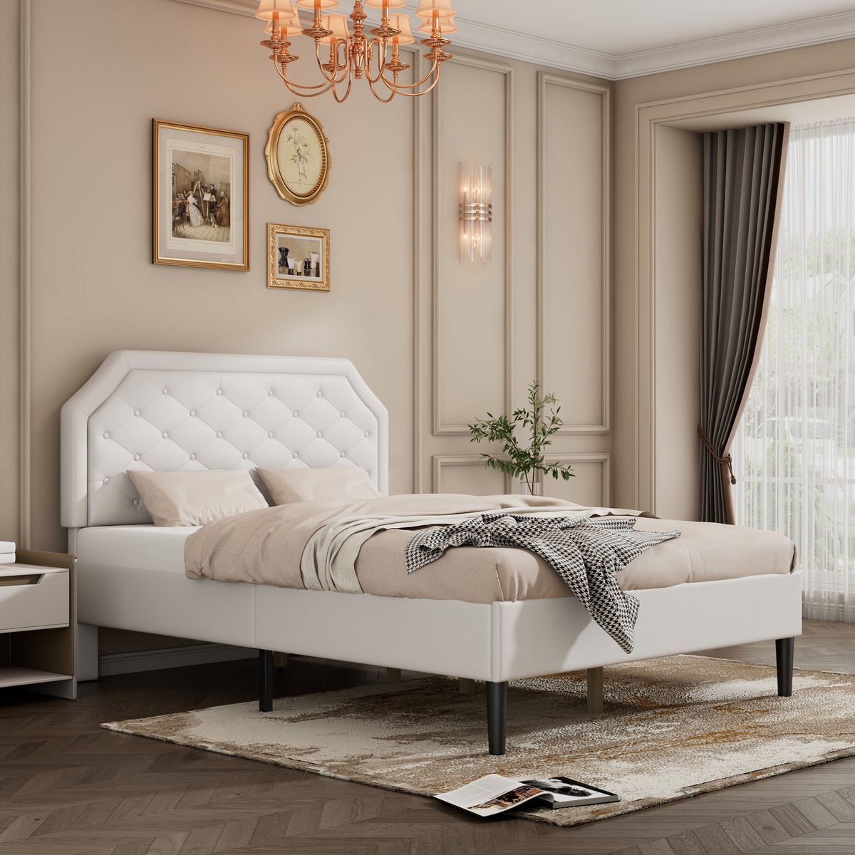 Gestoffeerd bed met stijlvol hoofdeinde en ruitstrip - volwassenenbed jeugdbed - tweepersoonsbed met houten lattenbodem en middenvoet - PU - wit (140x200cm)