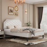 Gestoffeerd bed met stijlvol hoofdeinde en ruitstrip - volwassenenbed jeugdbed - tweepersoonsbed met houten lattenbodem en middenvoet - PU - wit (140x200cm)