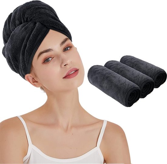 Hair Turban Microfibre Towel Hair Turban Towel with Button Hair Turban Quick Drying Hair Towel for Long Hair and All Hair Types Super Absorbent and Soft 25 cm x 65 cm Pack of 3 Black