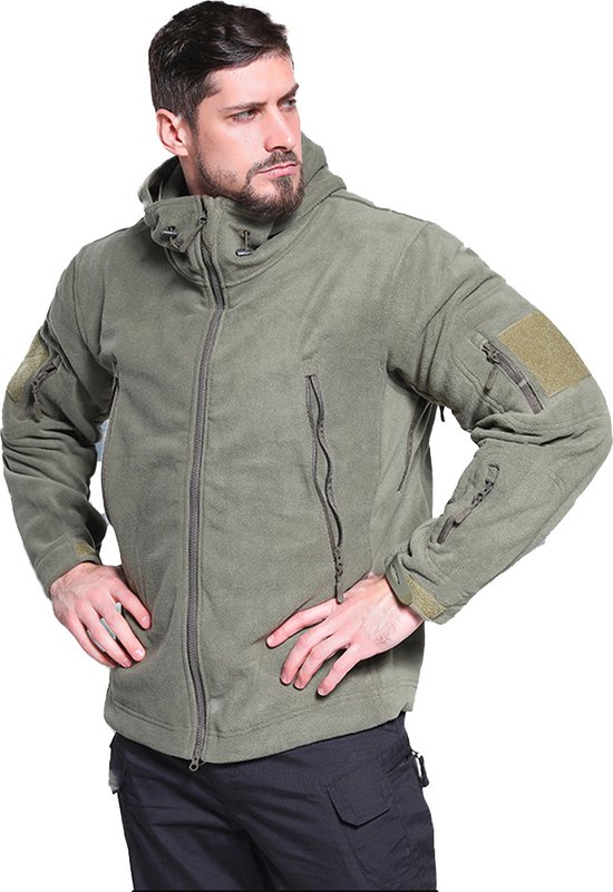 CALIYO Fleece Jas - Jassen Heren Winter - Outdoorjas met Muts - Winddicht Gevoerd - Polar Fleece Voering - Leger groen/XL