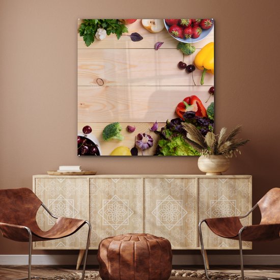 MuchoWow® Glasschilderij 90x90 cm - Schilderij acrylglas - Fruit - Aardbeien - Paprika - Keuken - Foto op glas - Schilderijen