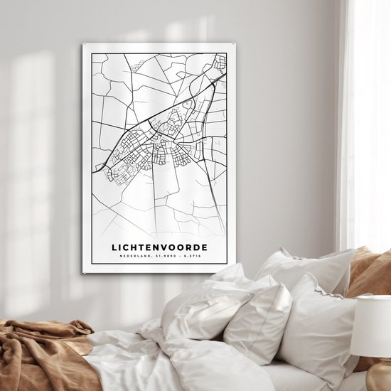 MuchoWow® Peinture sur verre - Lichtenvoorde - Zwart Wit - Plan de la ville - Plan d'étage - Carte - Nederland - 60x90 cm - Peintures sur verre acrylique - Photo sur Glas