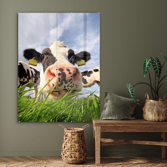 MuchoWow® Peinture sur verre 90x120 cm - Peinture sur verre acrylique - Vache - Ferme - Herbe - Animaux - Photo sur verre - Peintures