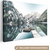 Canvas schilderij 180x120 cm - Wanddecoratie Landschap - Boot - Winter - Bergen - Muurdecoratie woonkamer - Slaapkamer decoratie - Kamer accessoires - Schilderijen