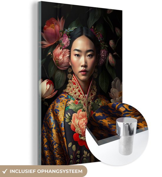 Glasschilderij vrouw - Bloemen - Kimono - Rozen - Aziatisch - Glasplaat - Foto op glas - Wanddecoratie glas - Woonkamer - 100x150 cm - Woondecoratie - Glasschilderijen - Schilderij glas