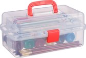 Relaxdays opbergbox met handvat - 9 vakjes - naaikoffer - transparante gereedschapskist - rood