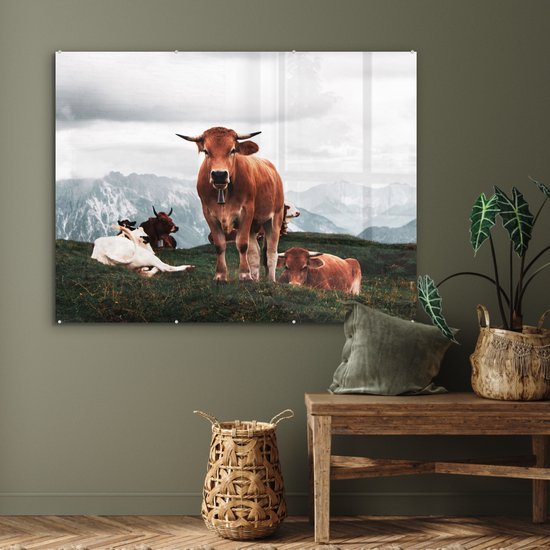 MuchoWow® Peinture sur verre 120x90 cm - Peinture sur verre acrylique - Animaux - Vache - Berg - Photo sur verre - Peintures