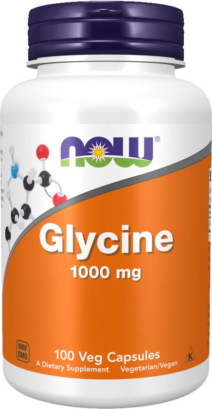 Fles met 100 Now Glycine 1000mg vegetarische capsules. Oranje en wit label met molecuulstructuur.