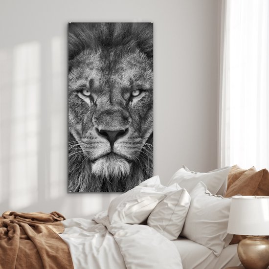 Peinture sur verre - Photo sur verre - Verre acrylique - Animaux sauvages - Lion - Zwart - Wit - 60x120 cm - Peinture sur verre lion - Peinture sur verre - Décoration chambre - Chambre