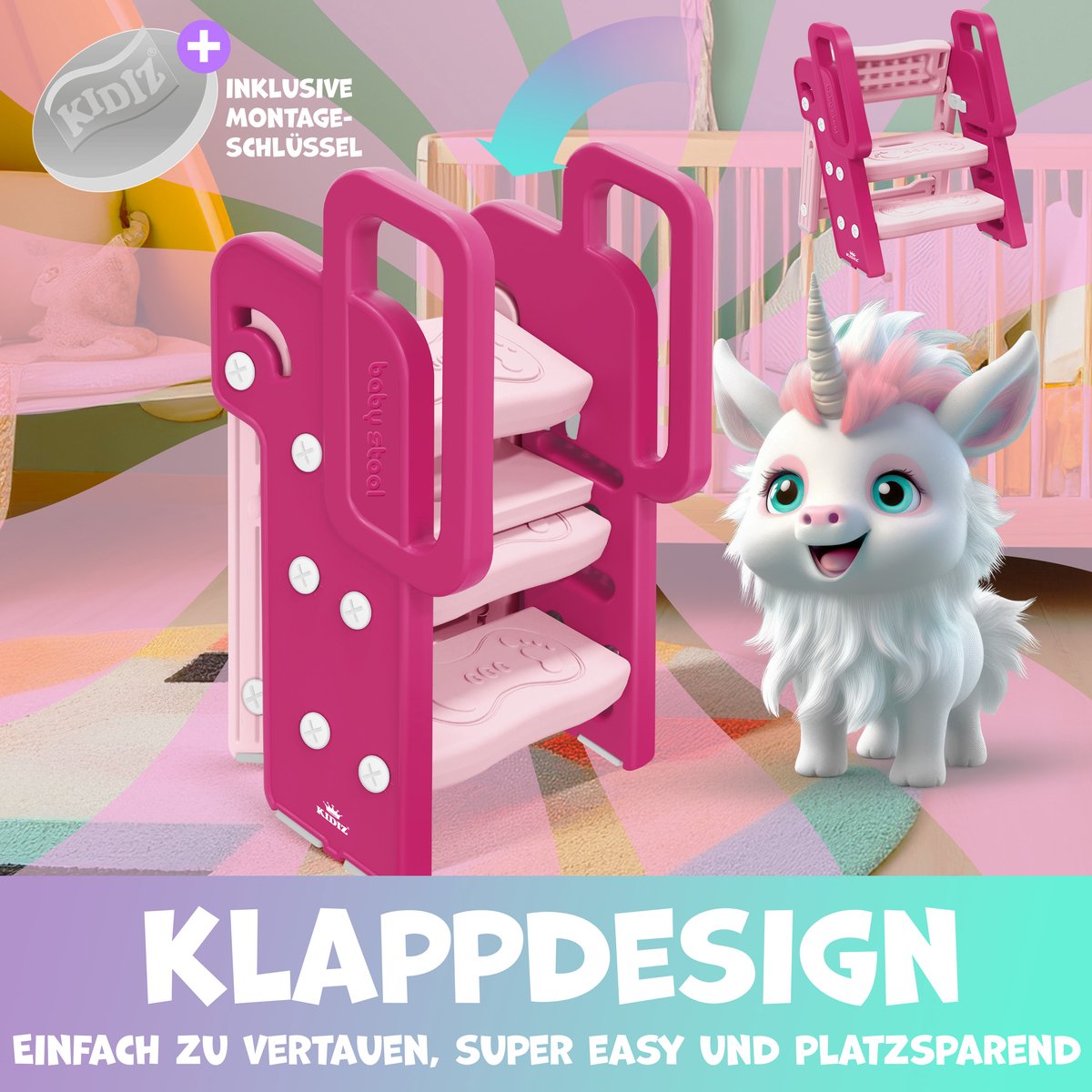 KIDIZ® Opstapje voor kinderen met 3 treden | Opvouwbare leertoren vanaf 18 maanden tot 6 jaar | Robuust | Veilige en stabiele opstap | Verstelbaar in