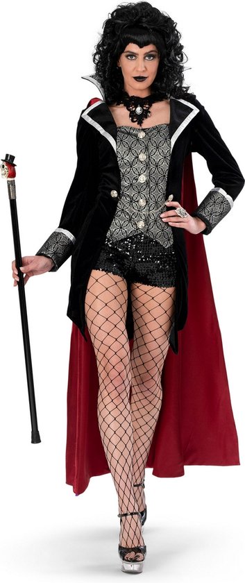 Funny Fashion - Vampier & Dracula Kostuum - Vampier Ina Van Gothcity Vrouw - Rood, Paars, Zwart - Maat 40-42 - Carnavalskleding - Verkleedkleding