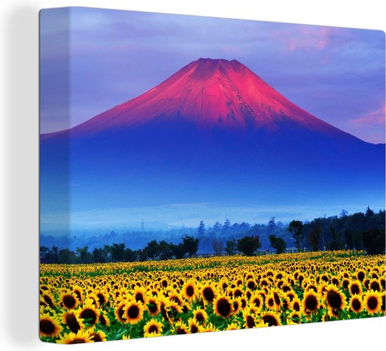 Canvas Schilderij De kleurrijke Fuji in Azië met zonnebloemen op de voorgrond - 120x90 cm - Wanddecoratie