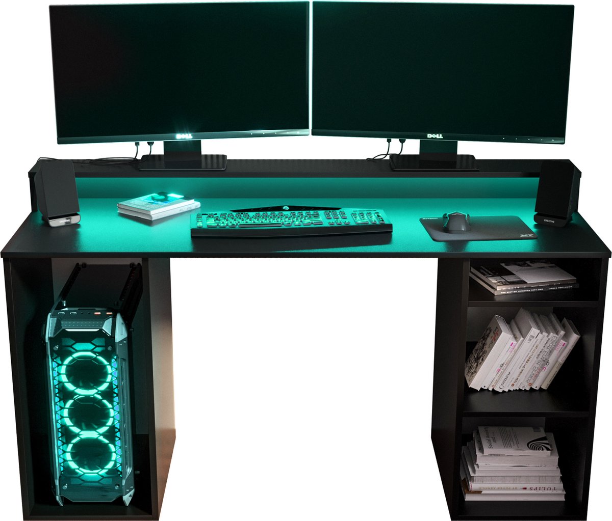 Game Bureau Gaming Desk met LED Verlichting Tafel Computer Bureau - (LxHxP): 50x90x138 cm - SHOT 1 (Zwart + Turquoise LED)