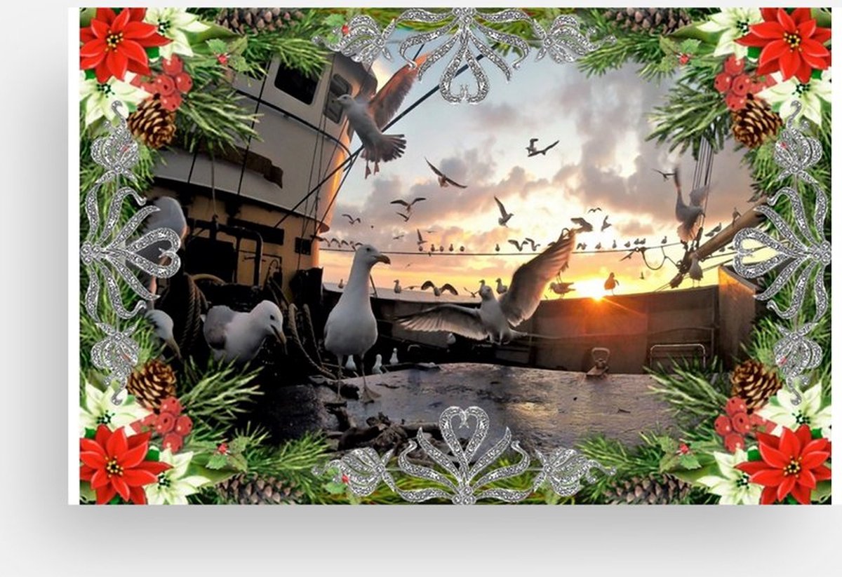 Kerst- en Nieuwjaarskaarten - 10,5 x 14,8 cm - 10 kaarten met enveloppen - Christmas - zonsondergang - zeeleven - Pedro Rappé - maritiem - souvenirs from the sea - Waddenzee