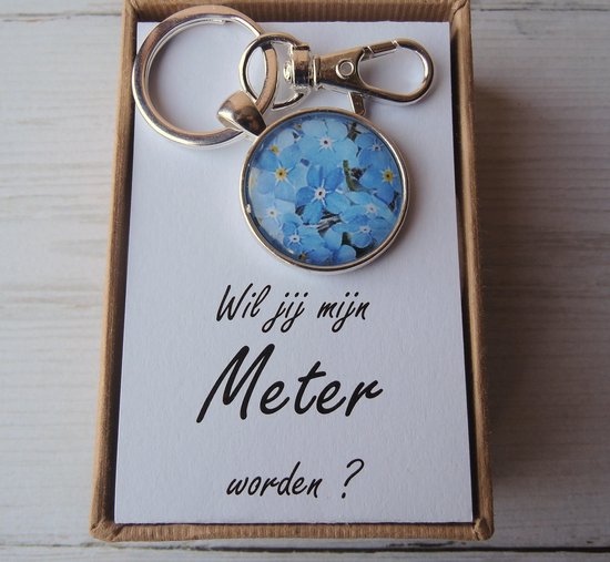 Vergeet-mij-nietjes sleutelhanger in een cadeaubox " Wil jij mijn meter  worden ?... | bol.com