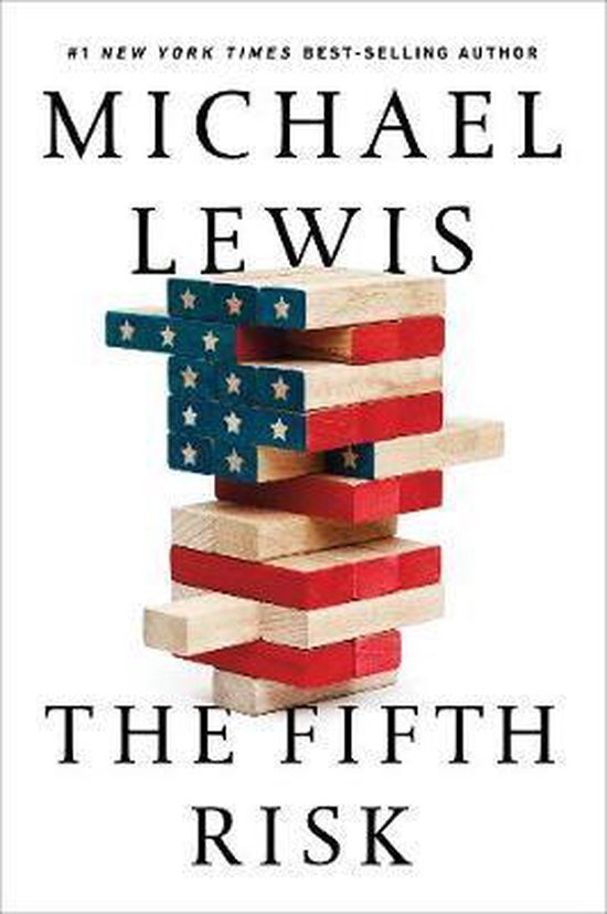 Couverture du livre : "The Fifth Risk" de Michael Lewis, avec une tour de blocs en bois aux couleurs du drapeau américain.