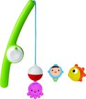 Groene hengel met op de lijn een rode/witte dobber, roze octopus, blauwe duiker en oranje vis.
