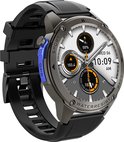 Zwarte smartwatch met grijze lunette, blauwe accenten en een scherm dat 'WED 06 10:09 AM' weergeeft.