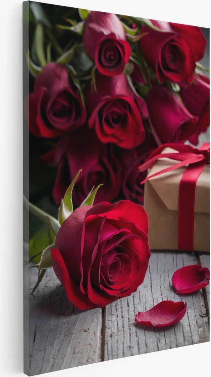 Saammp Canvas Schilderij - rode rozen met cadeau - Natuur - Bloemen - 30x45 - Foto op canvas - Wanddecoratie - Muurdecoratie Woonkamer - Kantoor Decoratie Multicolor