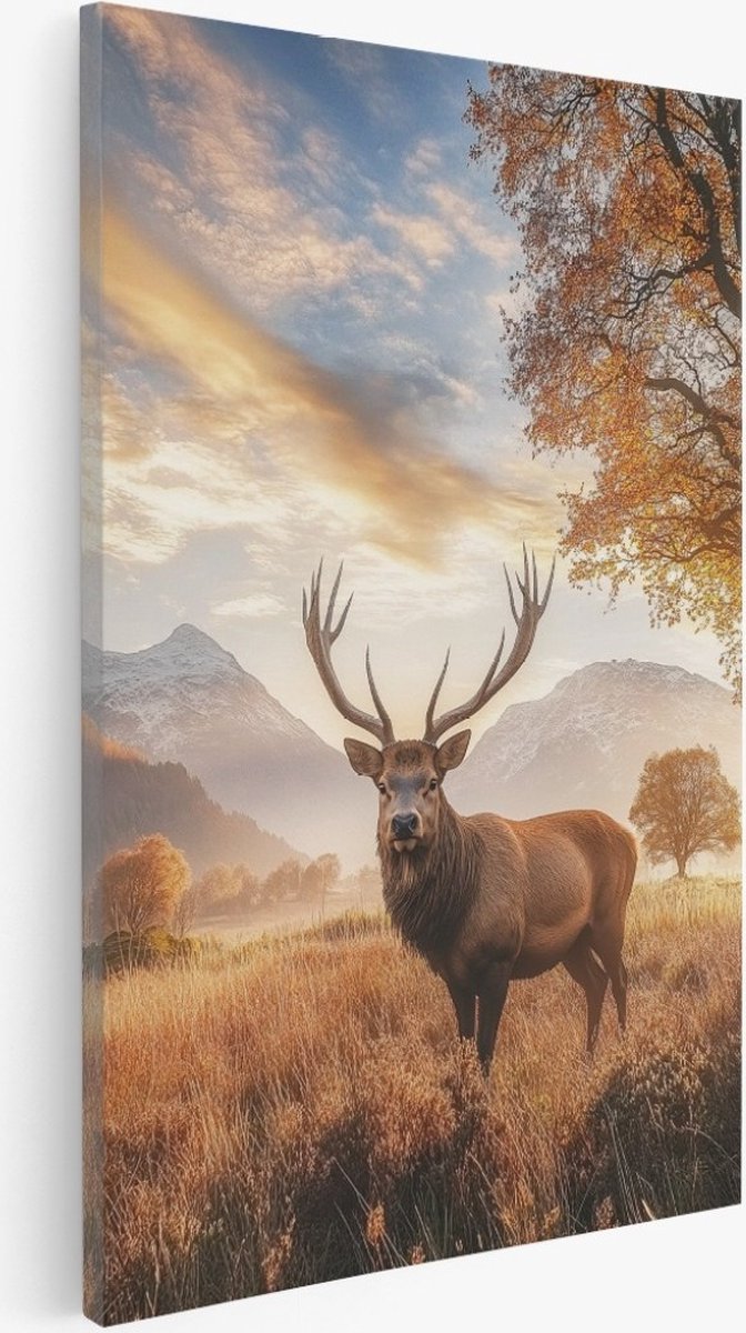 Saammp Canvas Schilderij - Hert tussen de bergen - Dieren - Natuur - 80x120 - Foto op canvas - Wanddecoratie - Muurdecoratie Woonkamer - Slaapkamer decoratie - Canvas Print Multicolor