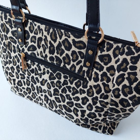 SAC À MAIN SHOPPER - IMPRIMÉ PANTHÈRE - Cuir PU (vegan) - finition noire - fermeture zippée - spacieux