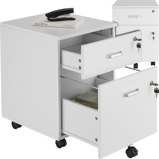 tectake® Ladenkastje - Met 2 afsluitbare lades, vergrendelbare wielen - Rolkast - Organizer - Perfect voor een georganiseerde werkplek - Kantoor, studeerkamer , thuiswerkplek - Wit