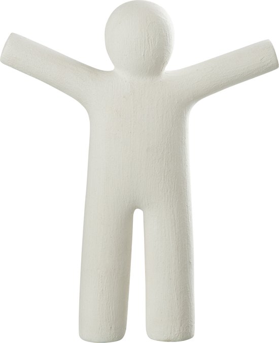 Figurine en polyrésine blanche d'un bonhomme, bras écartés, finition brute.