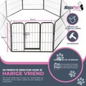 Zwarte metalen MaxxPet puppyren van 80 cm breed en 60 cm hoog, met piktogrammen die installatiegemak en duurzaamheid aanduiden.
