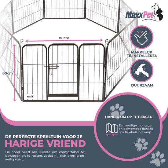 Zwarte metalen MaxxPet puppyren van 80 cm breed en 60 cm hoog, met piktogrammen die installatiegemak en duurzaamheid aanduiden.