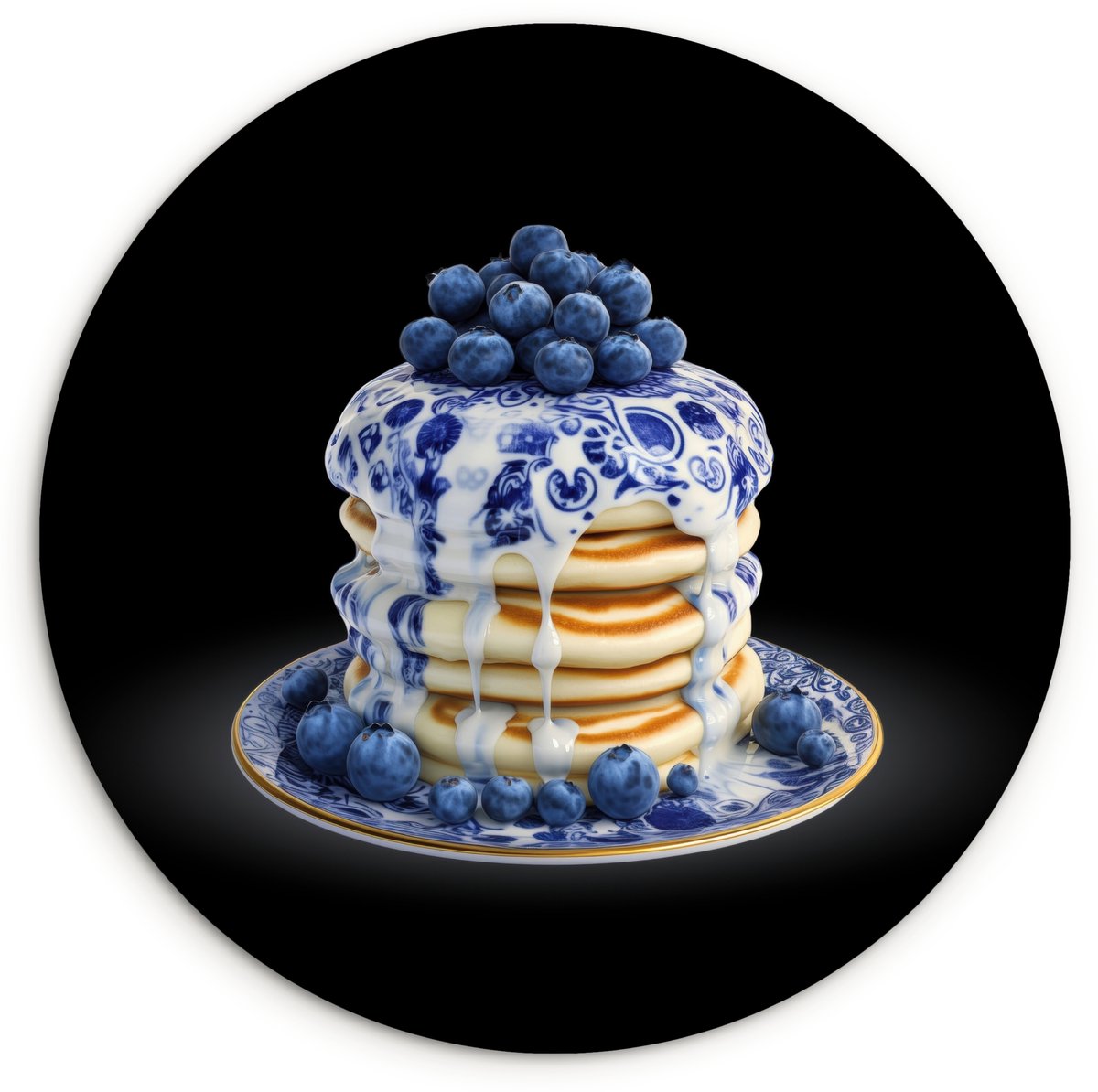 WallCircle Wandcirkel 120x120 cm - Muurcirkel Pannenkoeken - Blauwe Bessen - Bord - Muurdecoratie woonkamer - Wanddecoratie slaapkamer - Kamer decoratie accessoires - Ronde schilderijen Pannenkoeken - Delftsblauw