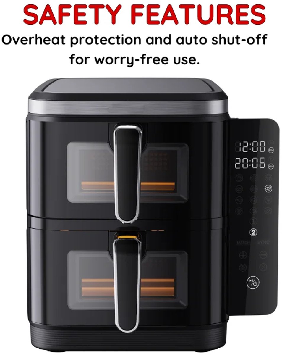 Afbeelding 3 van Comfy Nest CN-06184 - 2800W Airfryer - 11L - Dubbele Mand - Digitaal Opvouwbaar Zijpaneel - Kijkvenster