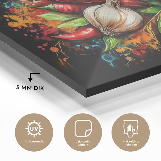 MuchoWow® Peinture sur verre 120x80 cm - Peinture acrylique sur verre - Légumes - Poivrons - Ail - Graffiti - Peinture - Coloré - Photo sur verre - Décoration murale salon - Décoration murale chambre - Peintures