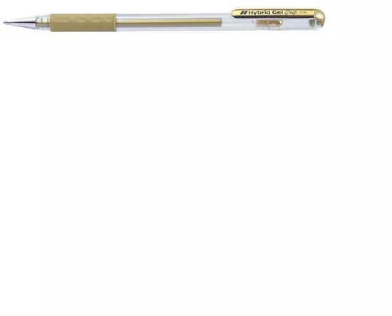 Gouden gelpen met transparante houder en gouden grip. "Hybrid Gel Grip K118" staat op de clip.